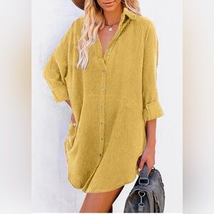 Women Casual Long Sleeve Button Down Oversized Corduroy Shirt Dress Pockets XL